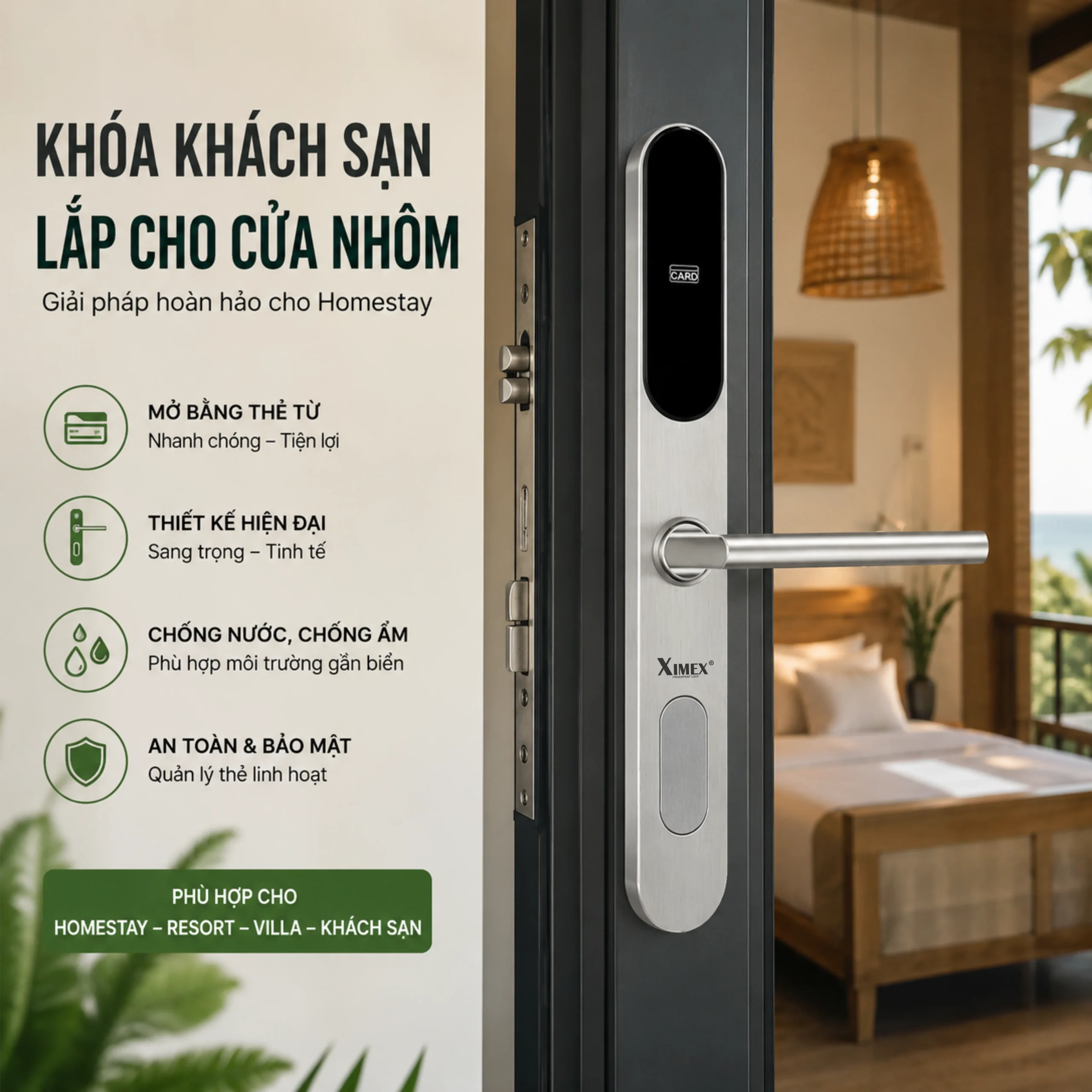 KHOÁ KHÁCH SẠN XIMEX 602 Khóa thẻ từ khách sạn cho cửa nhôm Model 602